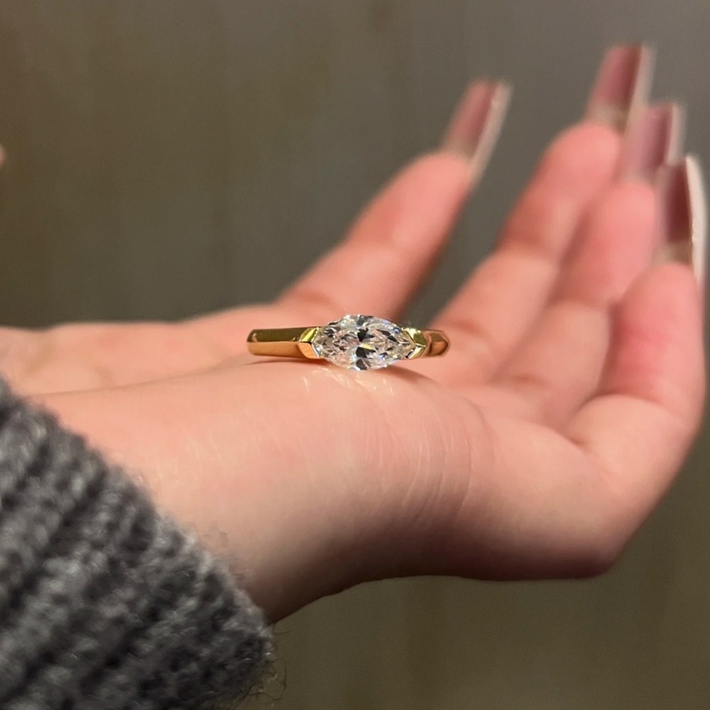 Gold Marquise-Cut Solitaire Ring with Clear Stone